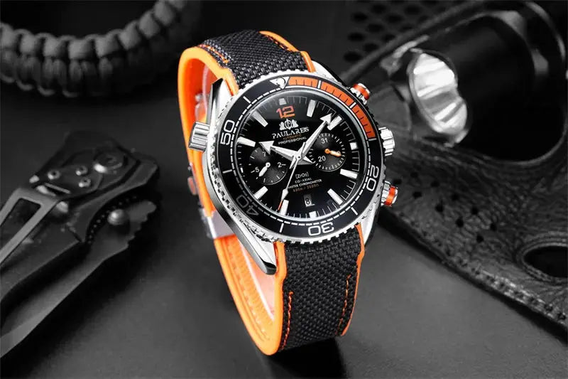 PAULAREIS P luxury men's automatic watch; black dial, orange-rim bezel, rubber strap, luminous indexes