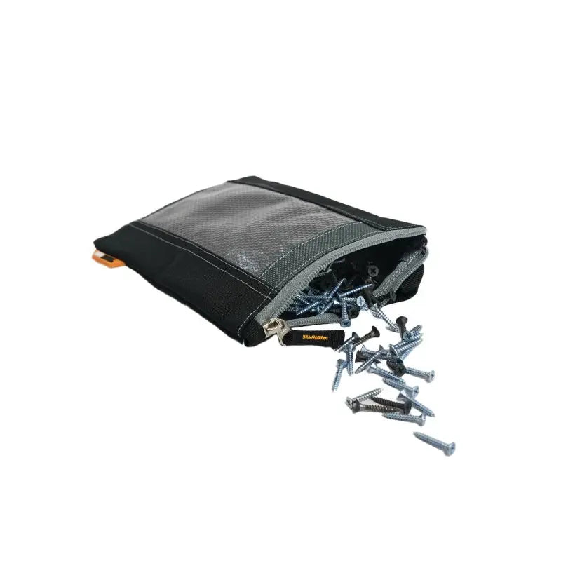 TOOLSTACK fastener bags 3-pack storage pouches in black/gray nylon with zipper, screws spilling out, Simples Market