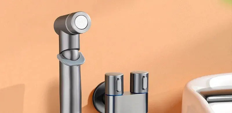 Wall-mounted double-outlet bidet valve with shower head, Simples Market, brushed metal finish