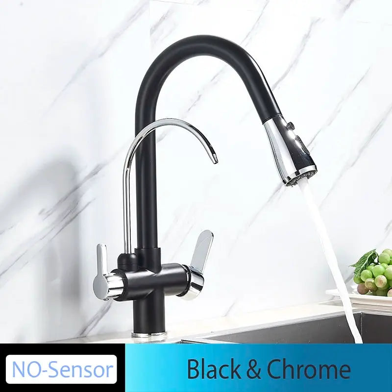 Onyzpily black and chrome pull-out kitchen faucet with dual handles and high-arc gooseneck spout, deck-mounted.
