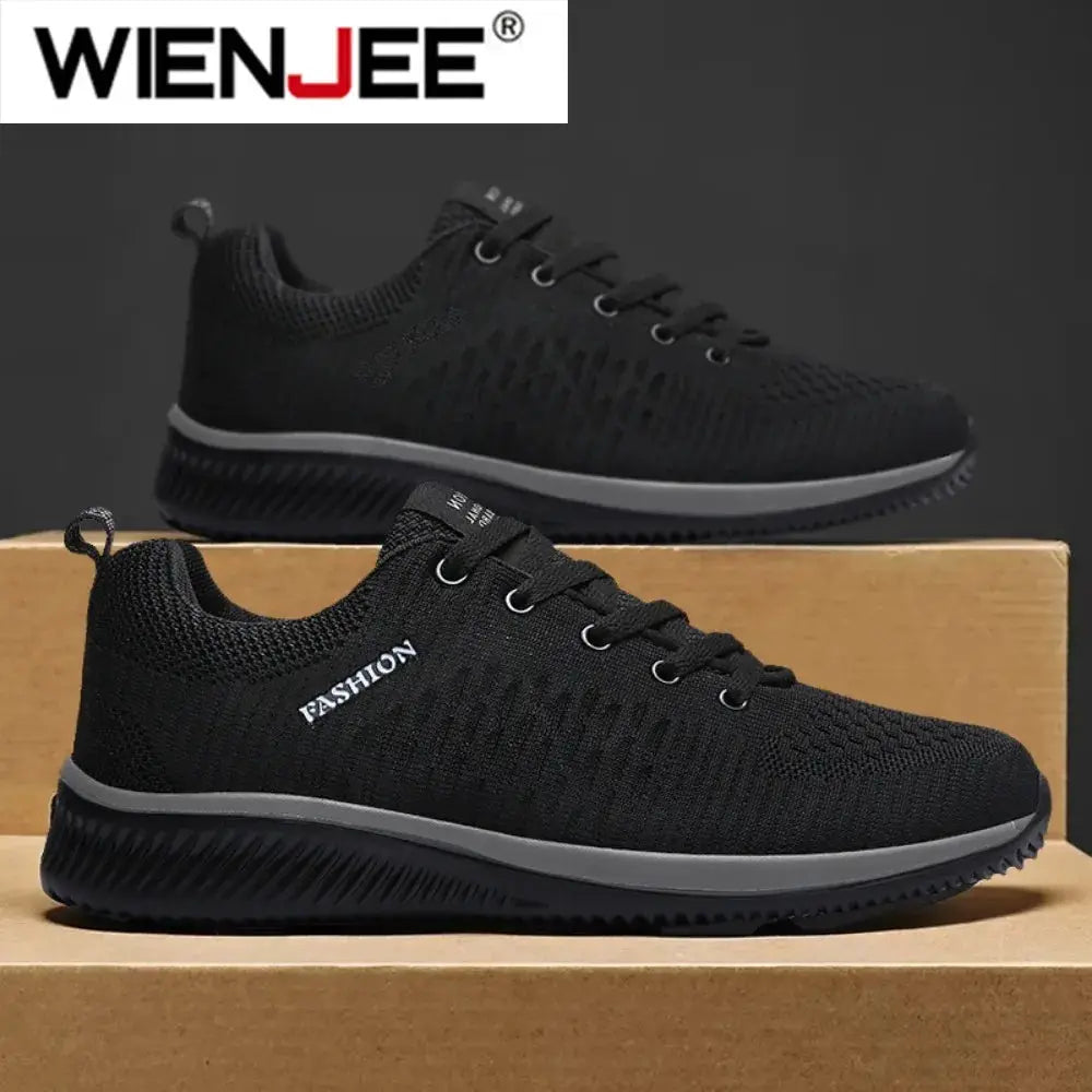 Knit running shoes, WIENJEE black, breathable lightweight sneakers; two shoes shown
