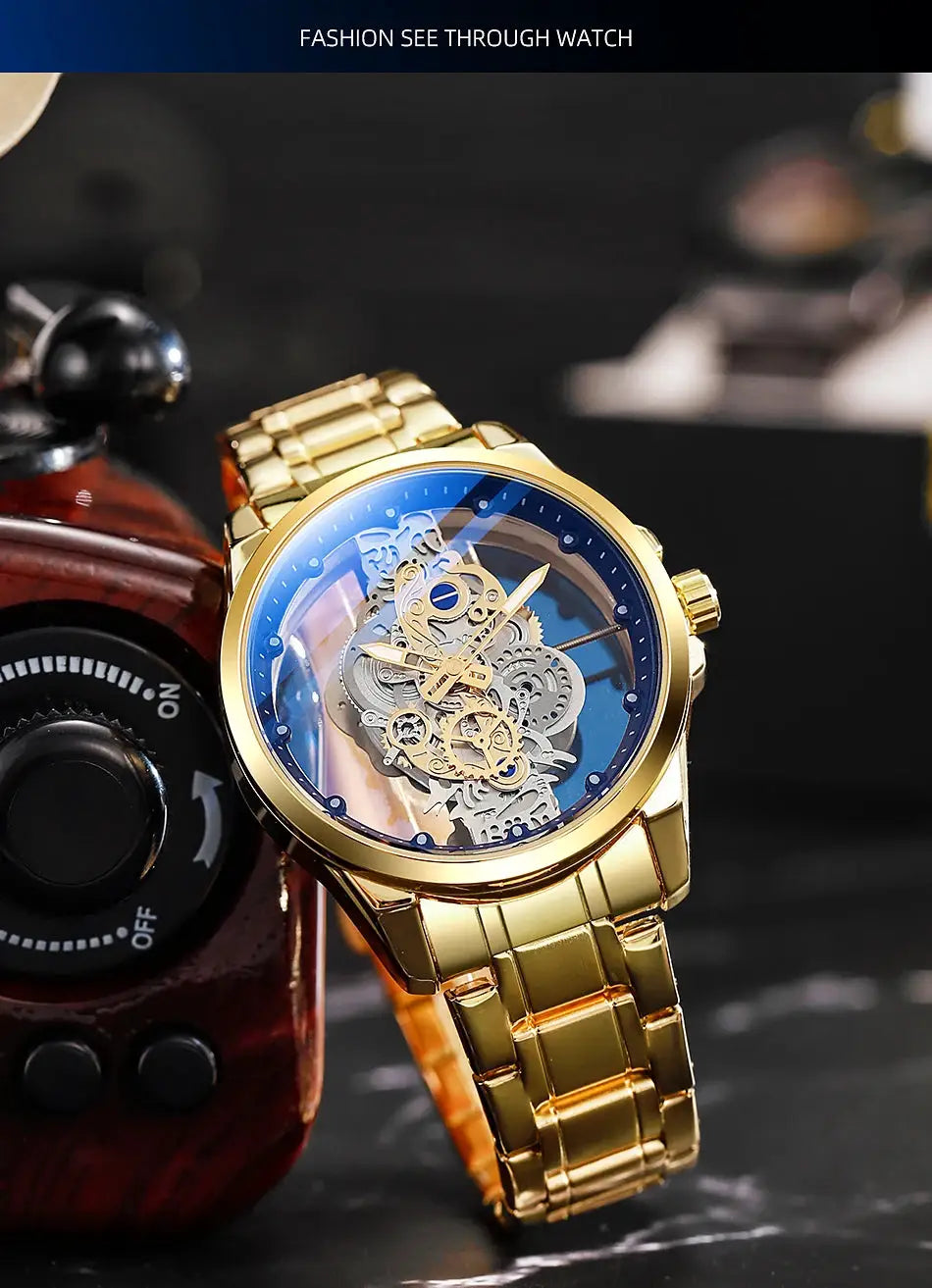 Gold-tone skeleton wristwatch for men with blue dial and stainless-steel bracelet