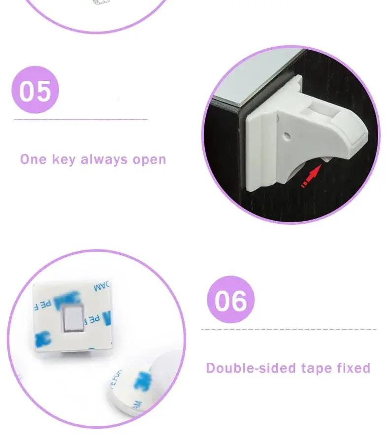 Baby safety lock invisible magnetic cabinet latch by Simples Market; white plastic with double-sided tape