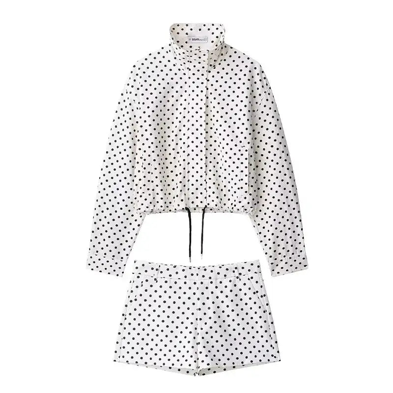 Women's Polka Dot Print Short Coat With Zipper Front Turtleneck Pockets And Drawstring Waist