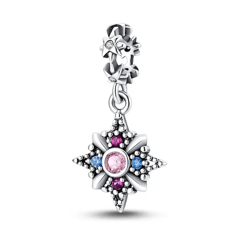 Silver plated guardian angel star charm bead with pink center zircon and blue accents for Qikaola 925 bracelets