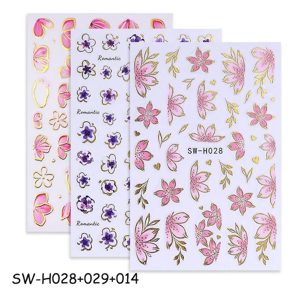 Nail decals: 3 sheets of pink hibiscus and purple floral stickers with gold foil borders on lilac background