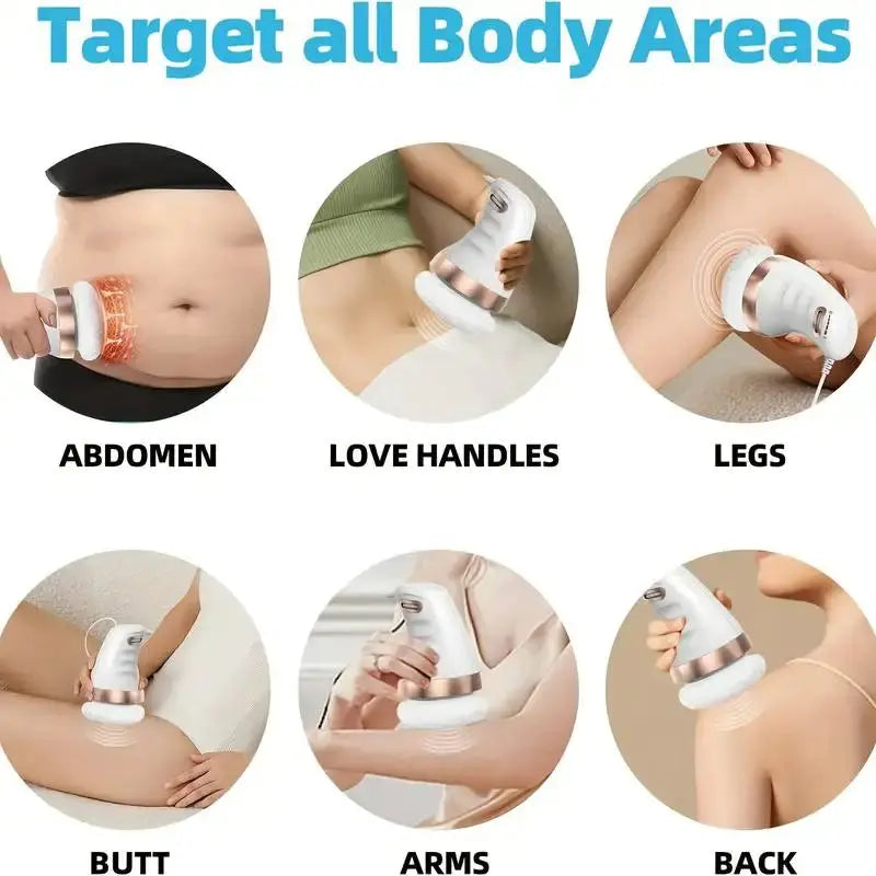 White handheld cellulite massager for six body areas: abdomen, love handles, legs, butt, arms, back.