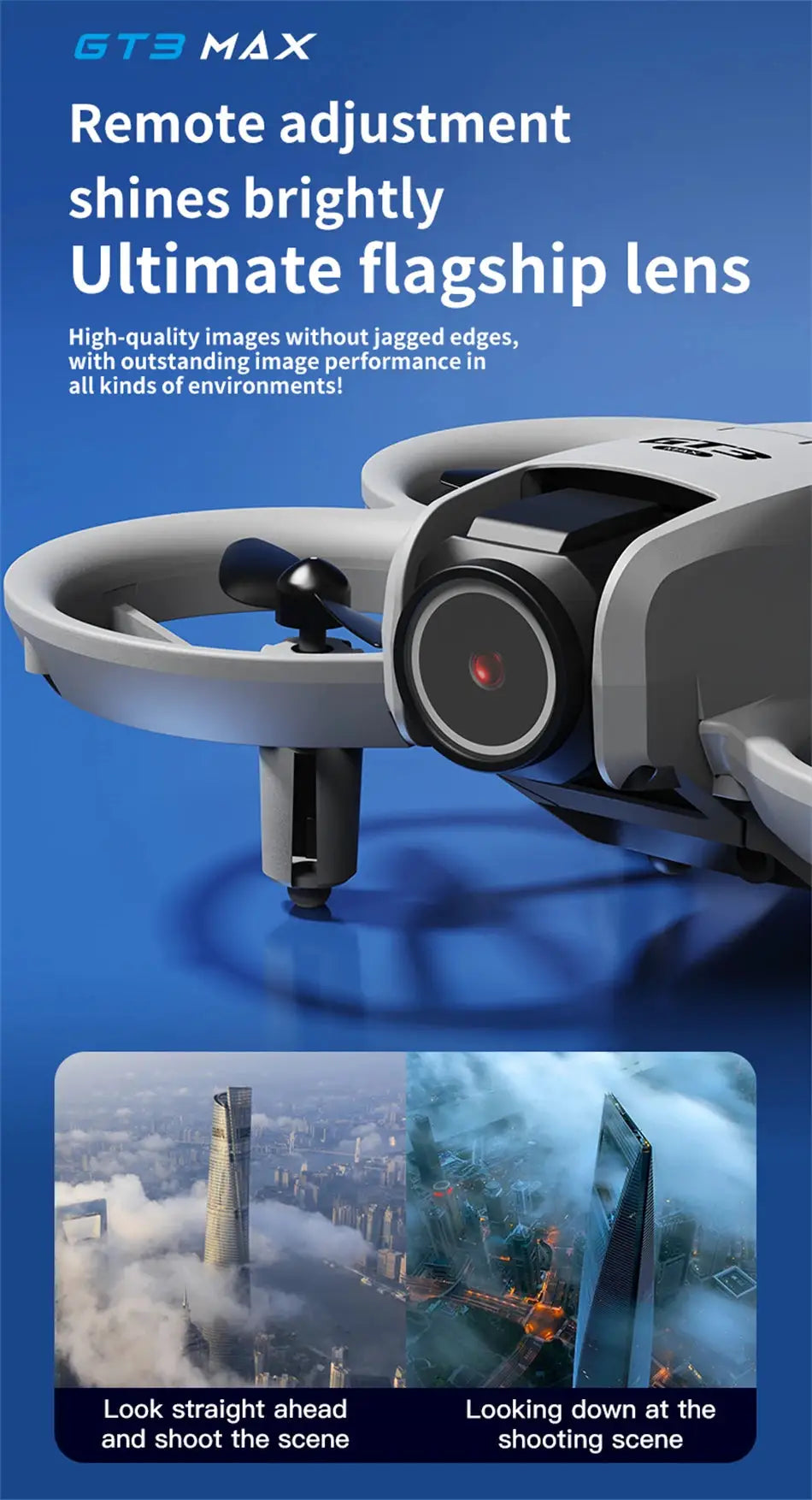 Drone GT3 MAX quadcopter with gray body and camera lens, propeller guards visible against blue background