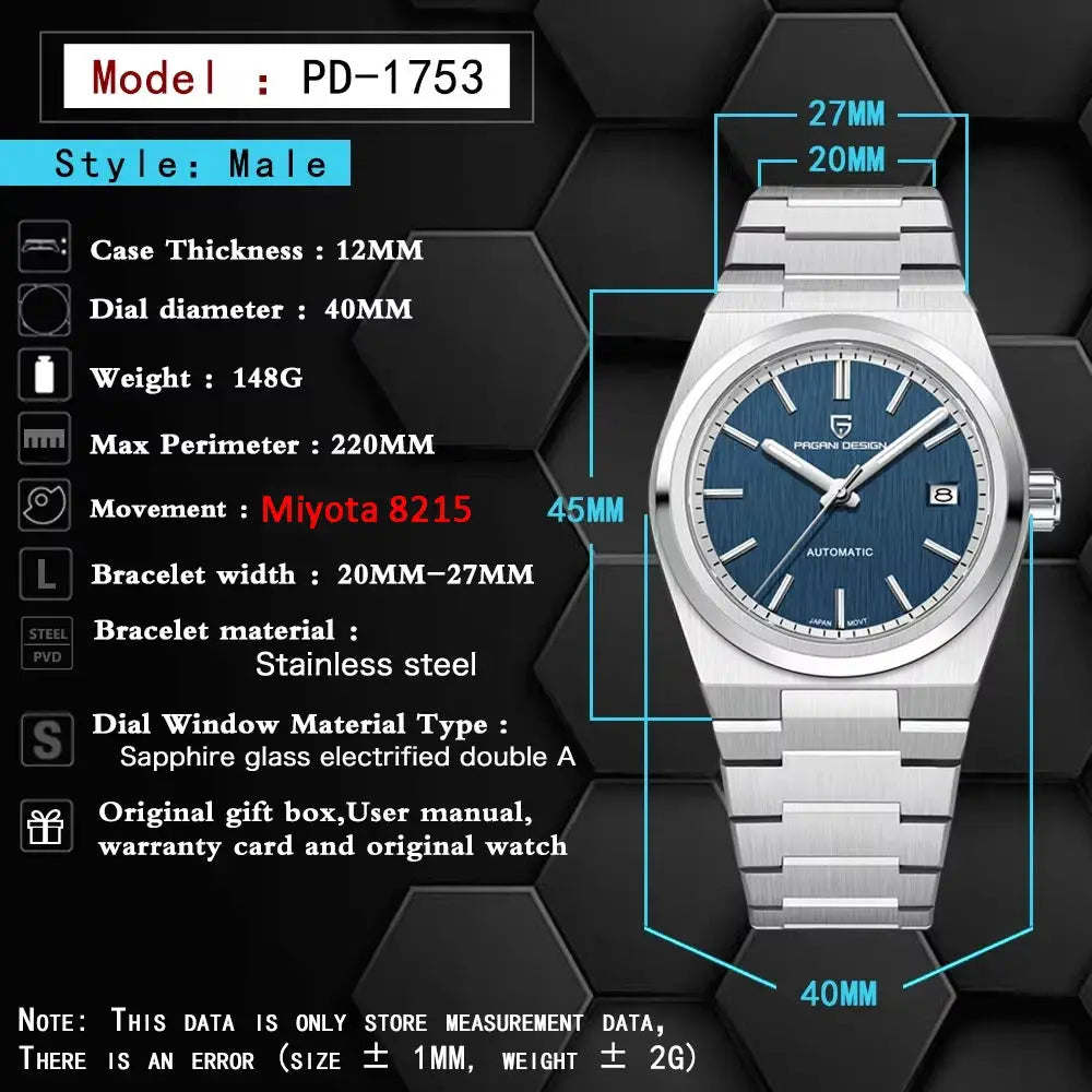 Pagani Design Men's Automatic Mechanical Watch With Miyota 8215 Movement Sapphire Crystal Stainless Steel Waterproof