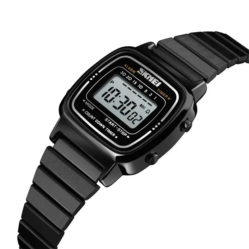 Skmei Women Digital Chronograph Wristwatch Stainless Steel Strap 30M Water Resistant Fashion Timepiece