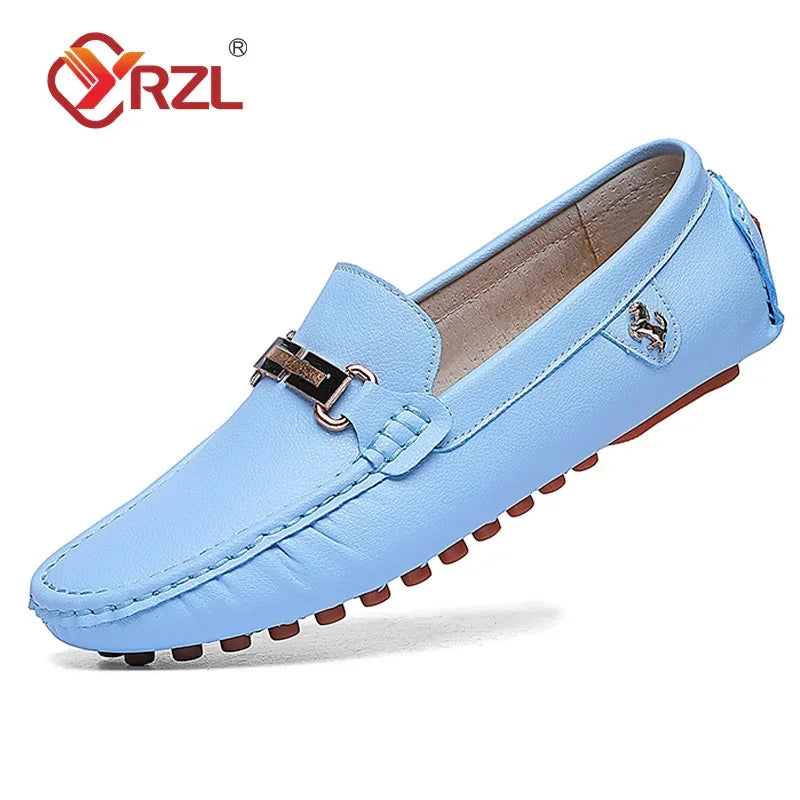 YRZL men's blue PU leather loafer with metal buckle ornament; driving moccasin with brown sole