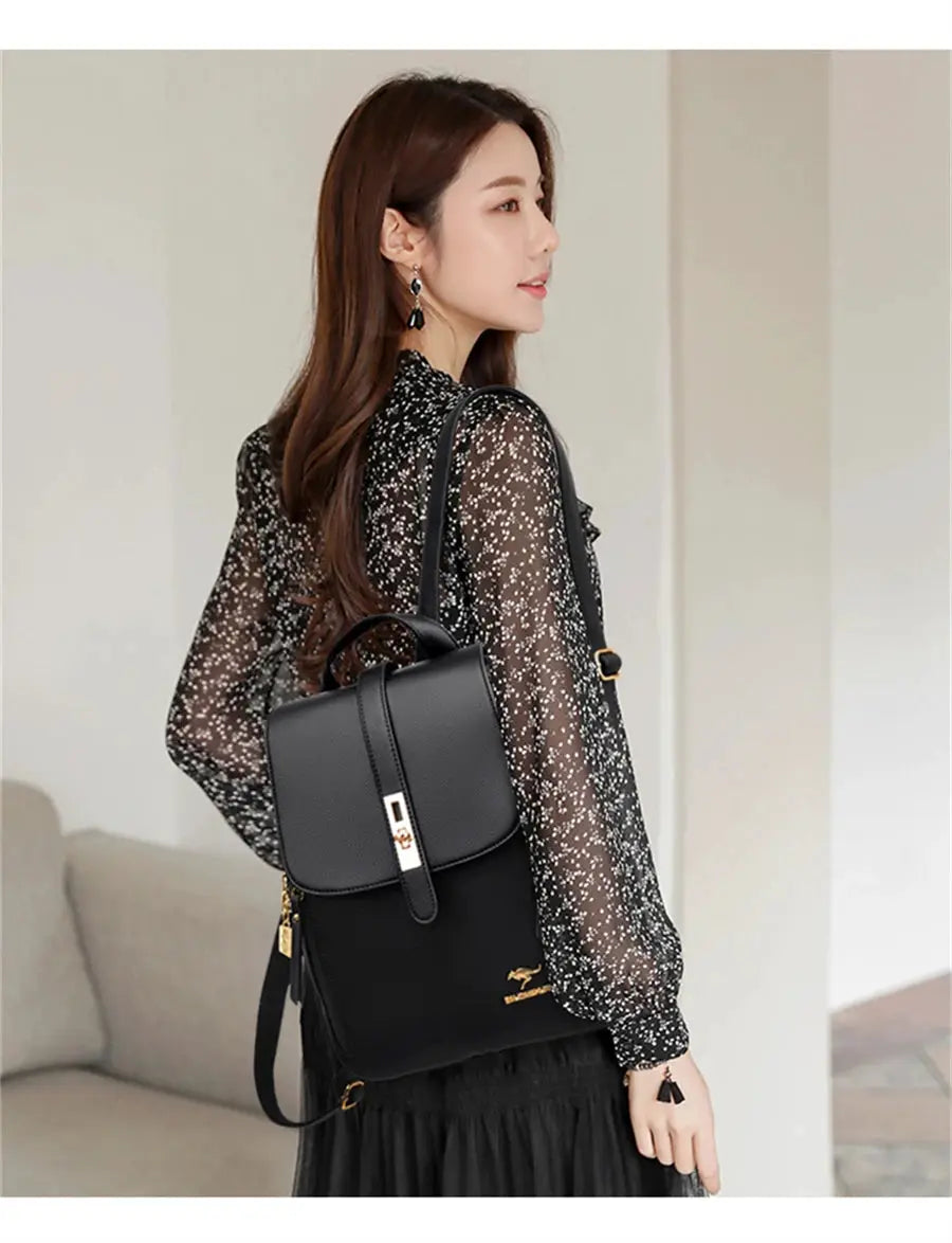 Simples Market luxury black leather backpack with gold-tone hardware