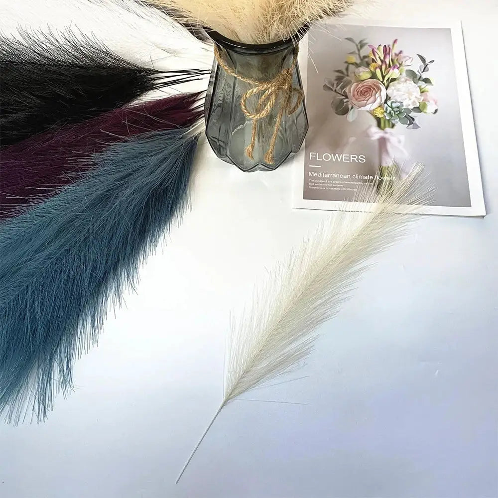 Assorted fluffy pampas grass stems for boho decor; artificial multicolor (black, burgundy, teal, cream) 42cm