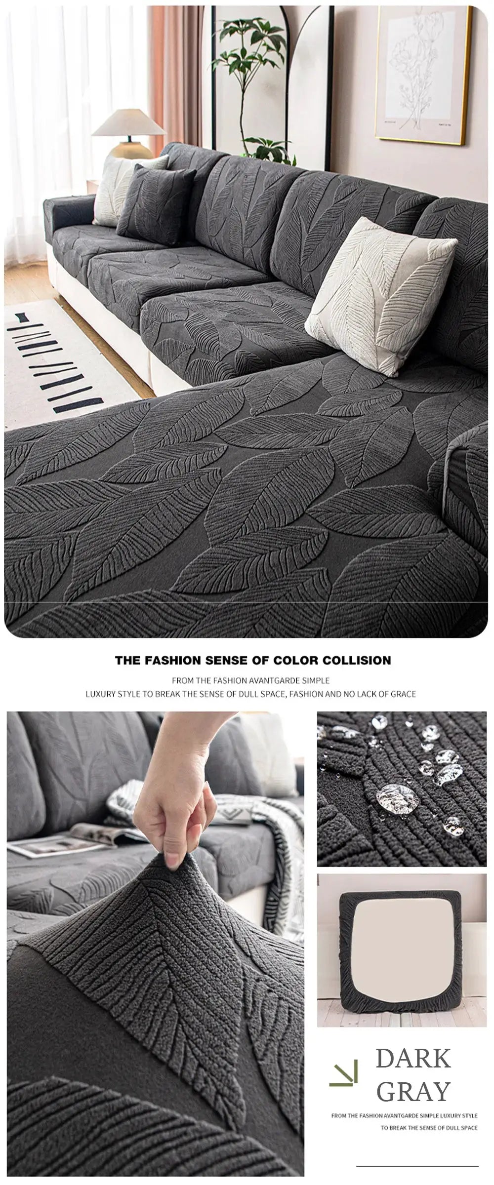 Sofa cushion cover in dark gray leaf-patterned jacquard fabric, waterproof, by Simples Market (1pc)