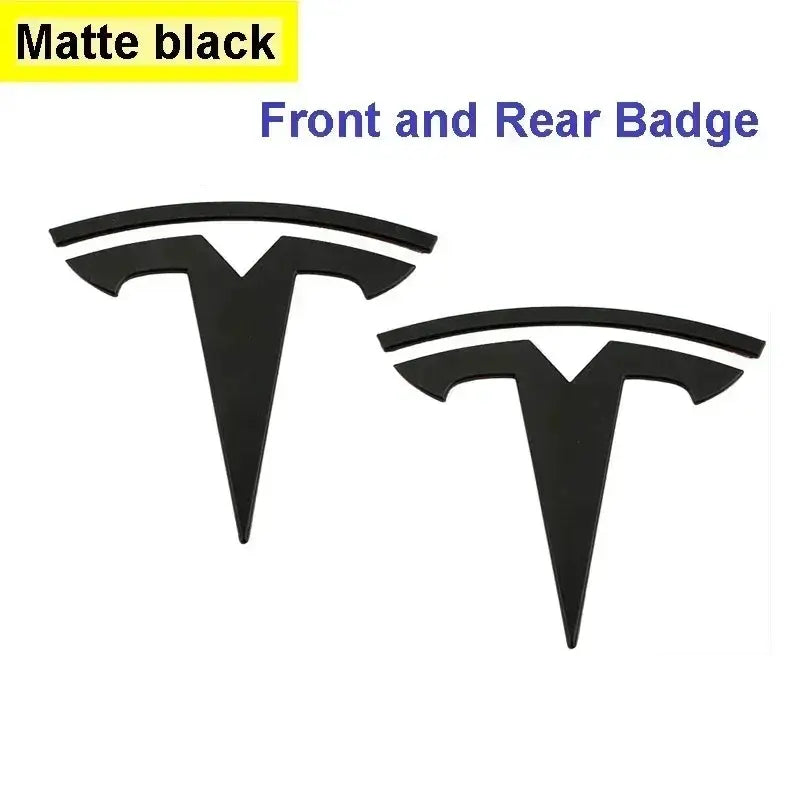 Tesla front and rear logo emblems, matte black zinc alloy, pair for hood and trunk, by Simples Market