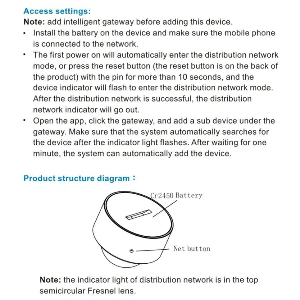 Simples Market Tuya Zigbee 2-in-1 PIR motion detector with bright lux light; diagram shows CR2450 battery and net button.