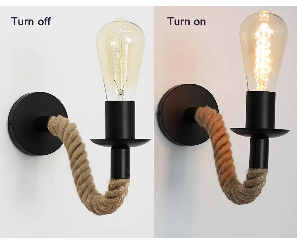 Simples Market retro hemp rope E27 wall lamp in black iron with natural rope arm, industrial decor