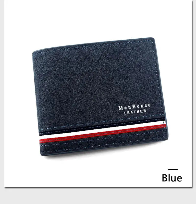 Men's blue PU leather wallet with zipper coin pocket and red-white stripe, MenBense Leather