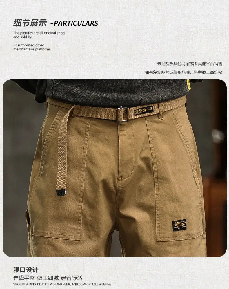 HIQOR men's loose profile cargo pants, army green with belt, high‑waist casual trousers