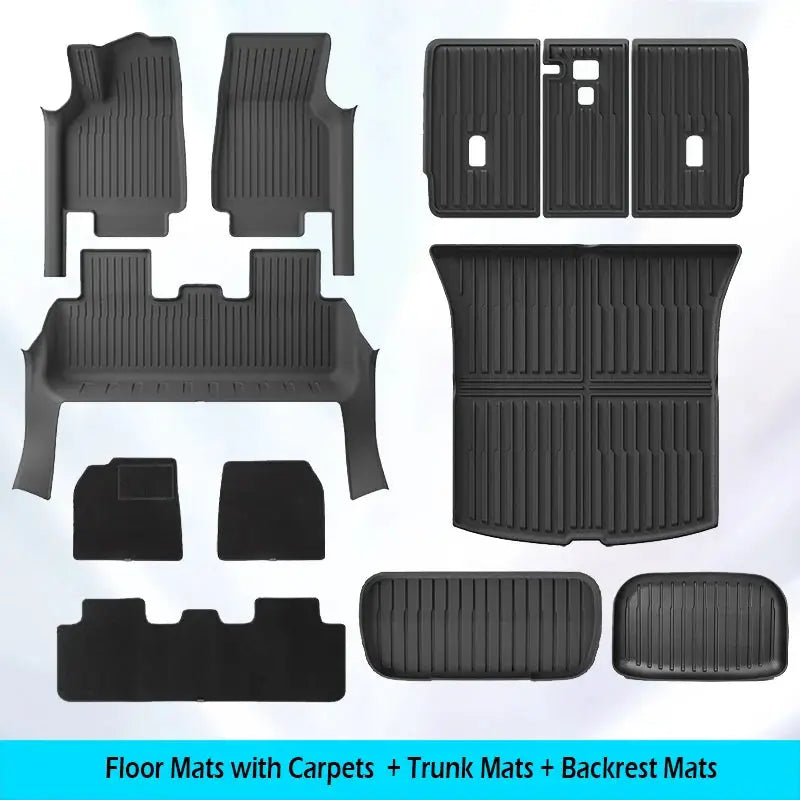 Tesla Model Y floor mats and cargo liner set in all-weather black rubber with door sill protection