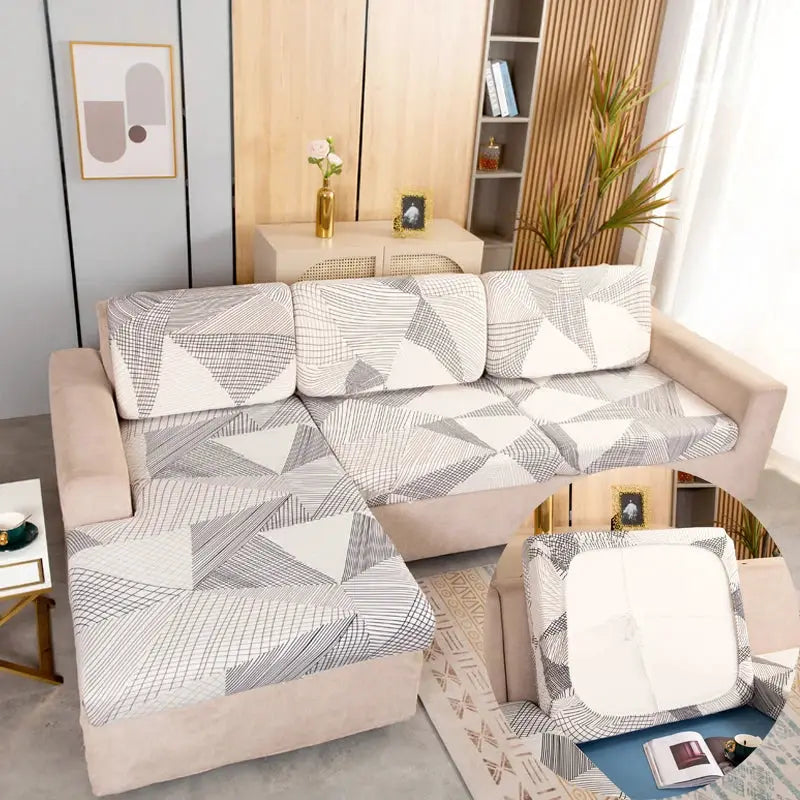 Stretch couch cushion slipcovers by Simples Market for sofa cushions in gray geometric pattern