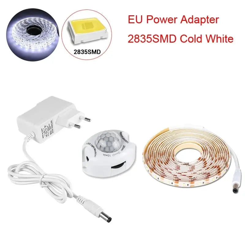 Motion sensor under-cabinet LED strip kit with 12V EU adapter; includes sensor and flexible white LED strip