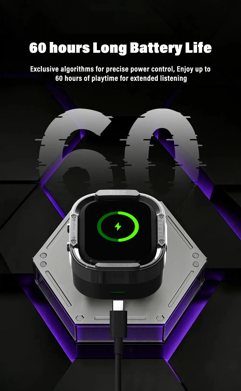 HTC NE70 wireless headphones on a futuristic charging dock with a green battery display