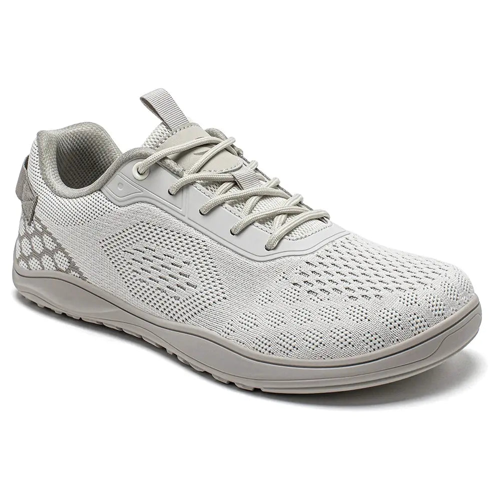 HOBIBEAR Knit Barefoot Shoes; unisex gray breathable knit sneaker with lace-up, minimalist zero-drop design.