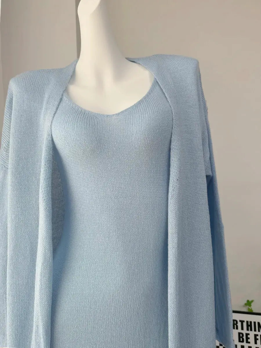 Three Piece Women Cardigan Vest Dress Set With Long Sleeve Outfit