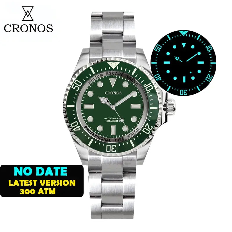 Cronos automatic diving watch with stainless steel bracelet and green dial, 1000m water resistance.