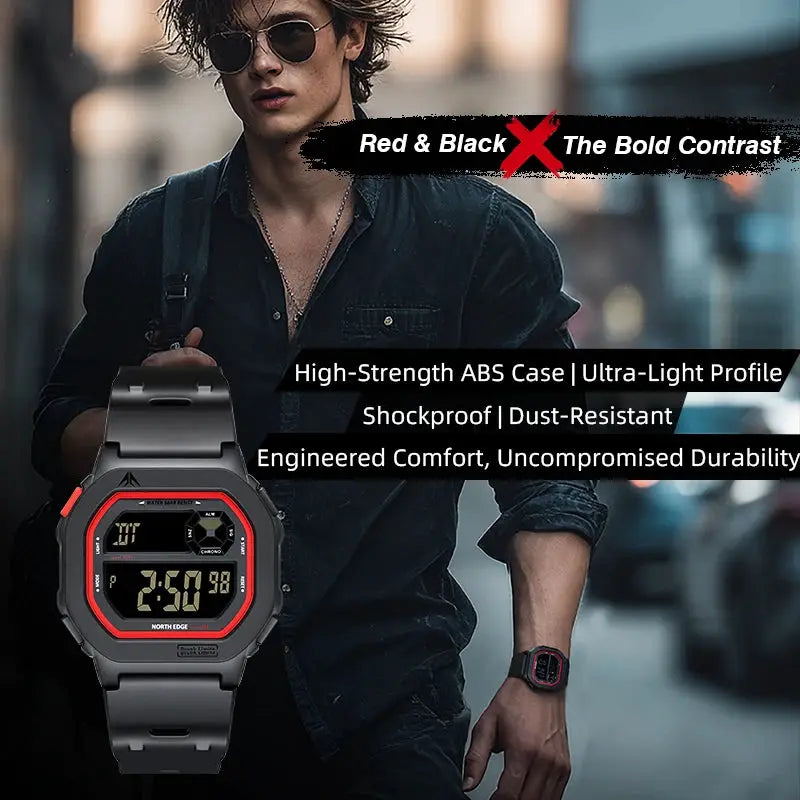North Edge X1 square-screen digital watch on black strap with red bezel; men's sportswatch, 50M waterproof, stopwatch