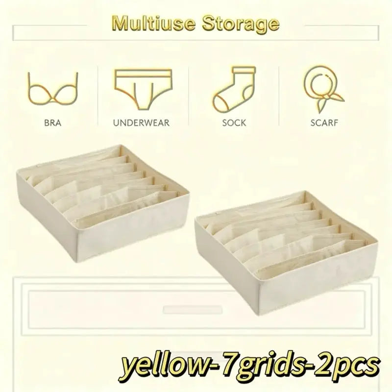 Drawer storage boxes 2-pack with 7-grid compartments in cream fabric