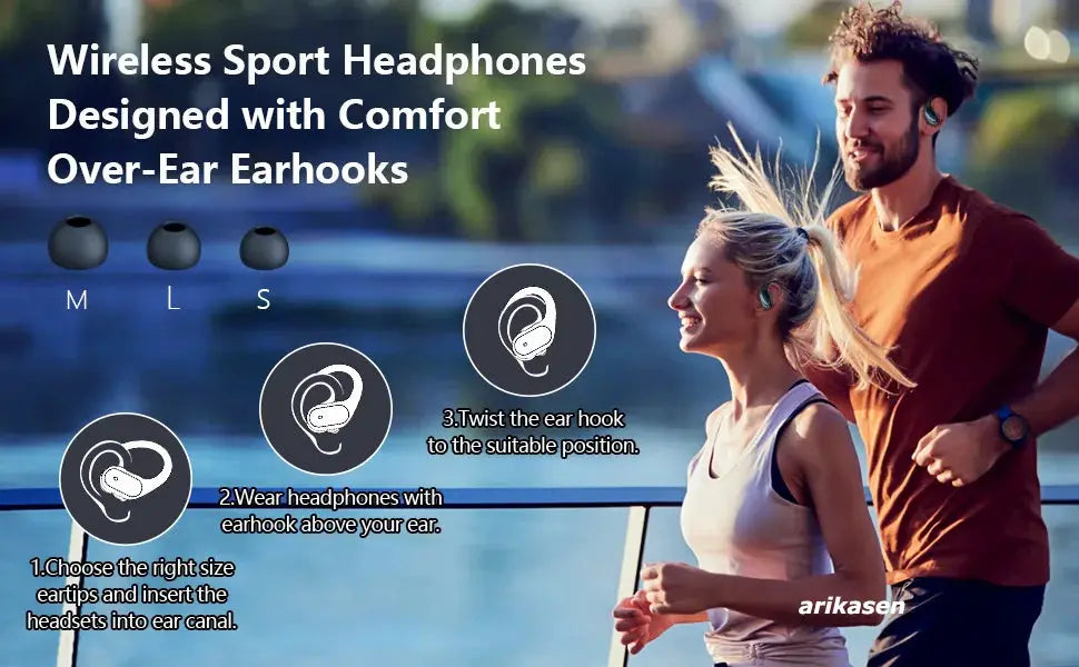 Wireless sport headphones with over-ear hooks; black earbuds, available in M/L/S, Arikasen branding