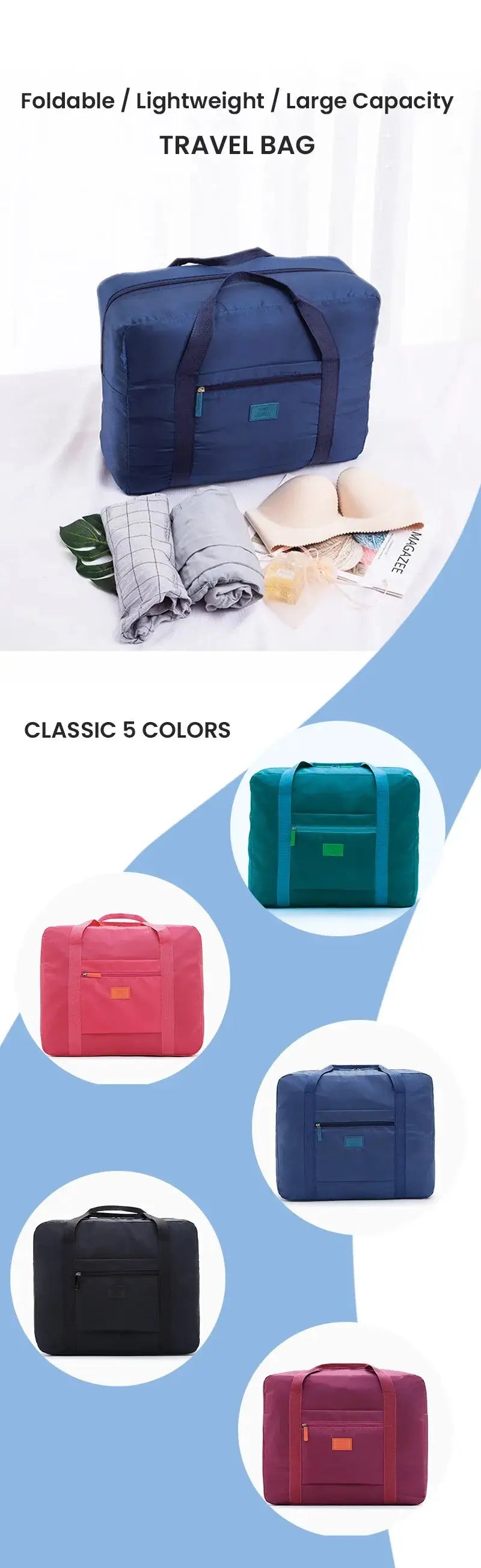 Simples Market foldable travel duffel bag, lightweight carry-on, 5-color set (blue, teal, pink, black, purple)