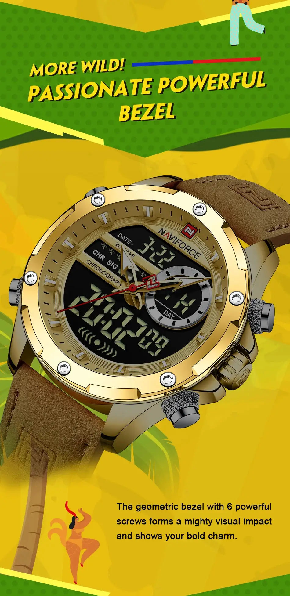 Naviforce luxury men's watch with gold-tone bezel, brown leather strap, analog-digital chronograph