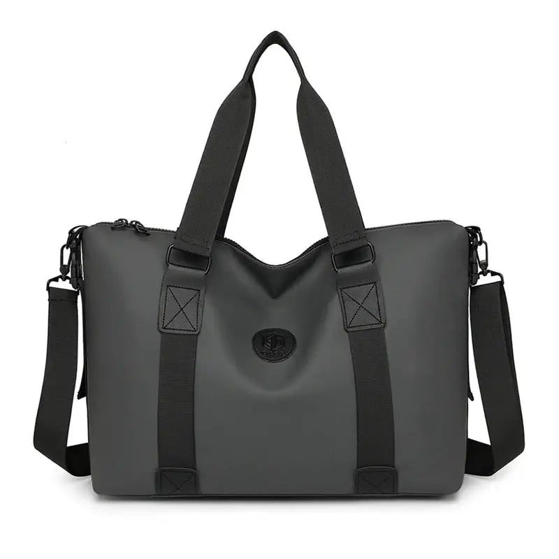 Travel duffel bag in gray Oxford cloth, waterproof, large capacity with top handles and detachable shoulder strap