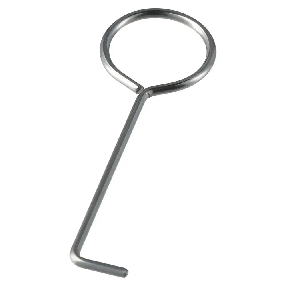 Stainless steel drain key with circular ring and long bent shaft for lifting shower and kitchen drains.