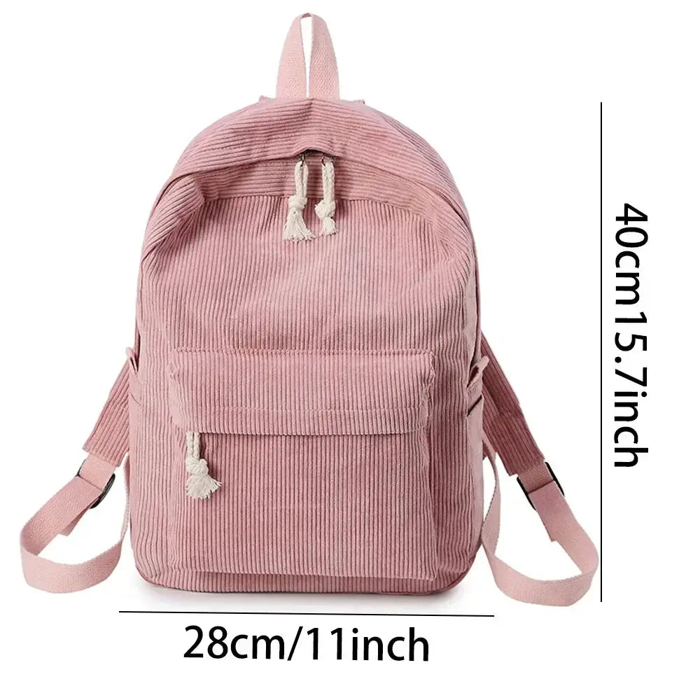 Corduroy student backpack pink with front pocket and adjustable straps, unisex campus bag.