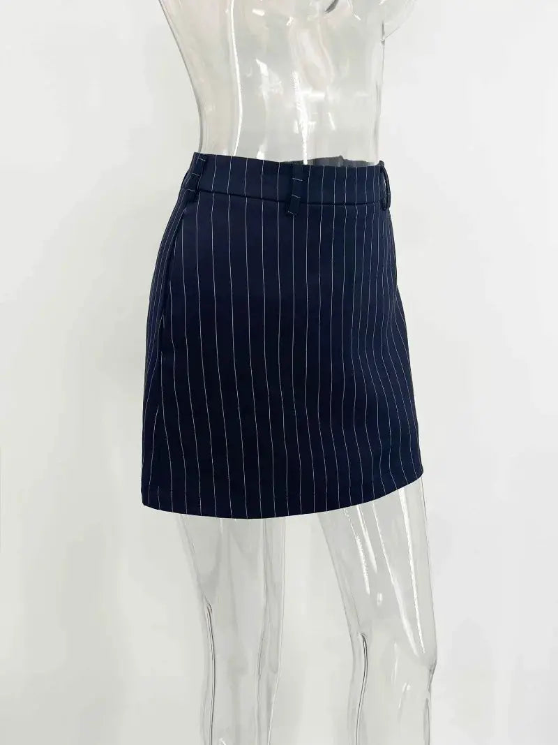 Navy pinstripe skirt with white vertical stripes and a fitted waistband on a clear mannequin.