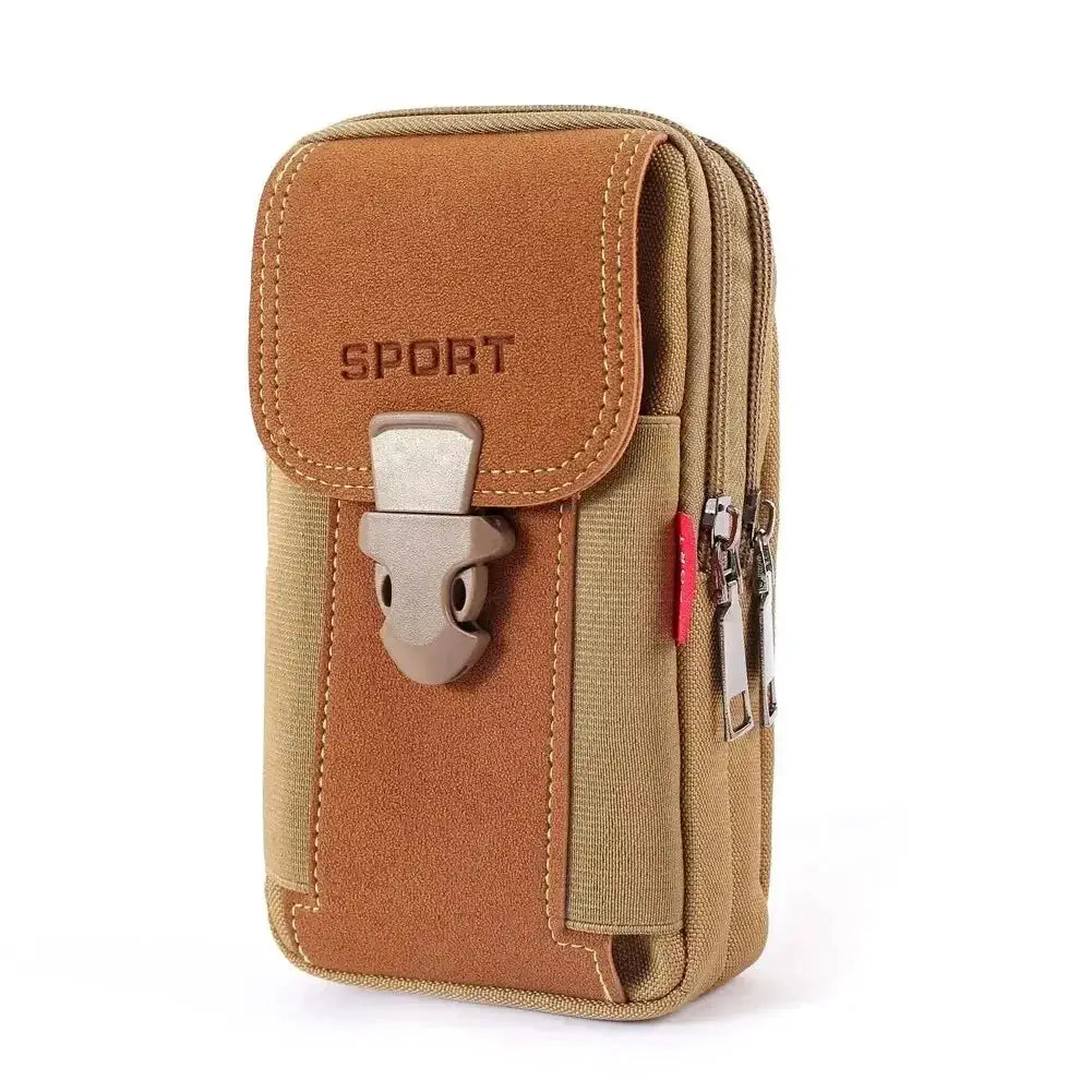 Tan tactical belt pouch for mobile phone with MOLLE compatibility, front flap with metal latch, and side zip pockets.