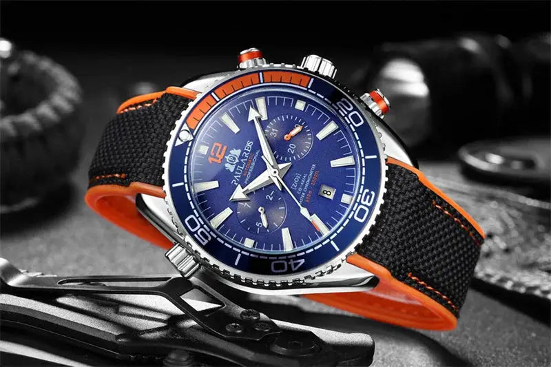 PAULAREIS P luxury men's automatic wristwatch with blue dial, orange bezel, rubber strap