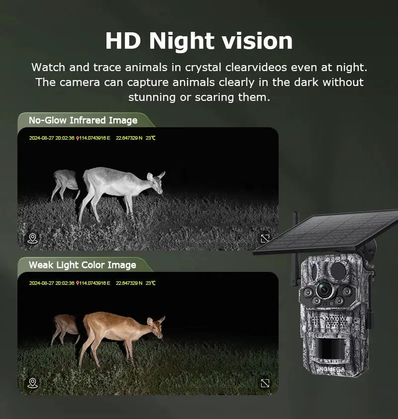 INQMEGA4G trail camera with solar panel by Simples Market for wildlife, 2K/5MP PIR night vision