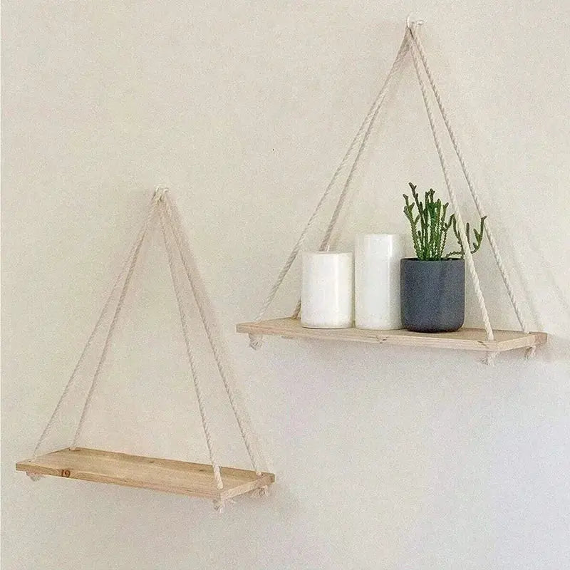 Wooden Hanging Shelf With Hemp Rope Wall Mounted Floating Shelf For Plants And Decor In Living Room