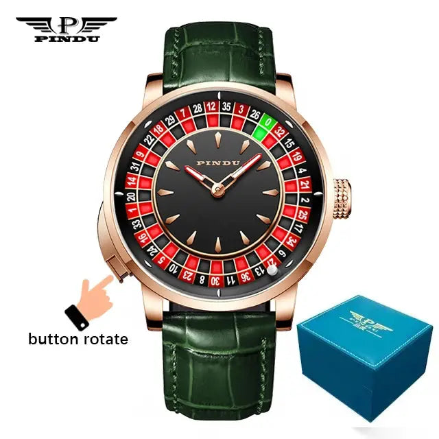 PINDU mechanical watch with green leather strap, rose-gold bezel and roulette-style dial; blue box included