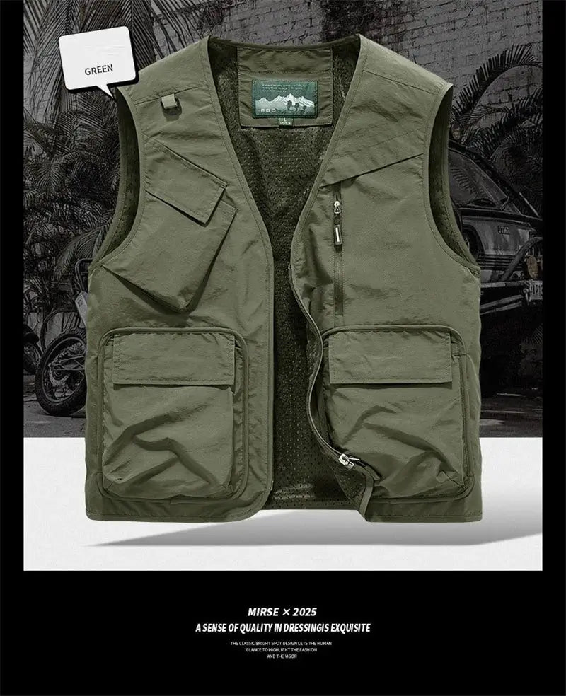 Olive green men's utility vest with multiple pockets for outdoor wear