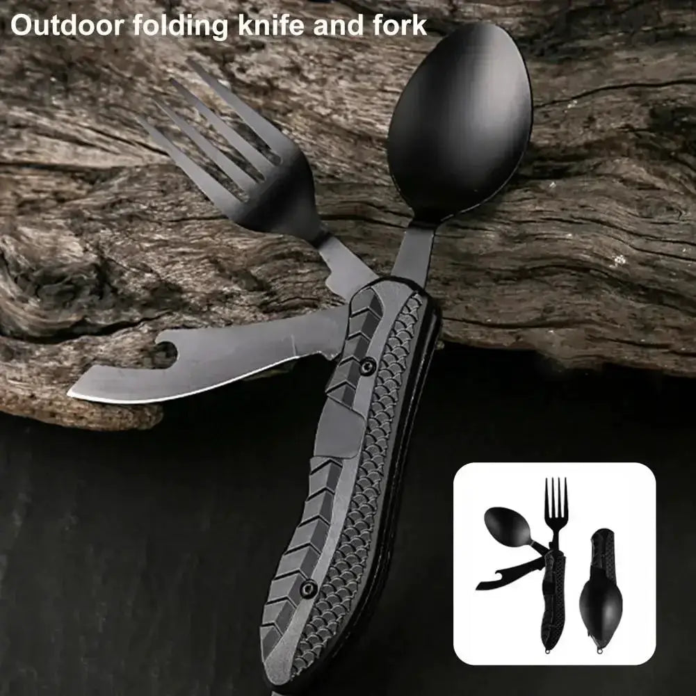 Three In One Multi Tool Camping Folding Knife Stainless Steel Spoon Fork Bottle Opener Hook Design Comfortable Grip