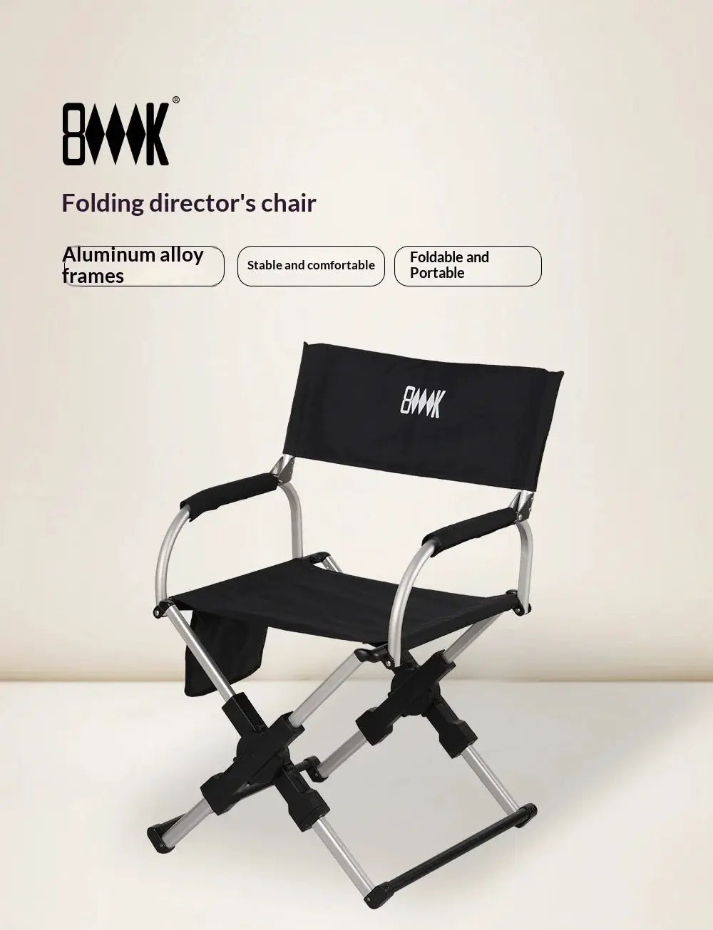 Outdoor foldable director chair with aluminum alloy frame and black fabric seat and backrest