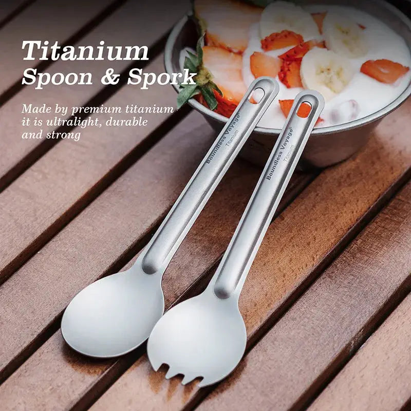 Boundless Voyage titanium spoon and spork set from Simples Market; lightweight silver camping flatware (2 pieces)