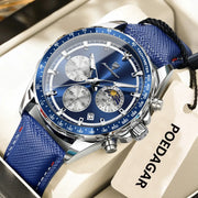 POEDAGAR men's blue leather chronograph wristwatch with tachymeter bezel and silver subdials