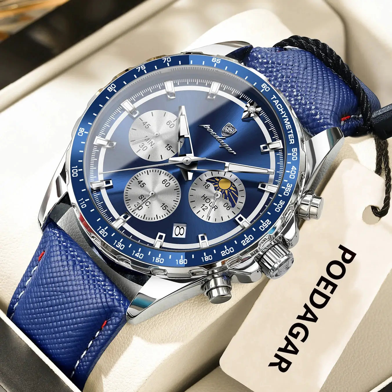 POEDAGAR men's blue leather chronograph wristwatch with tachymeter bezel and silver subdials
